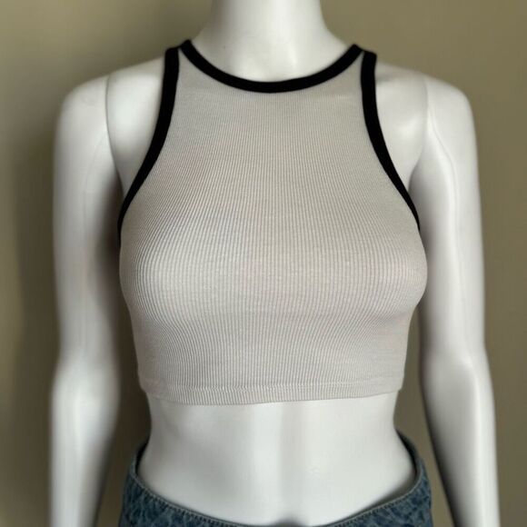 Zara White + Black Ribbed Halter Croo Top - Picture 1 of 5